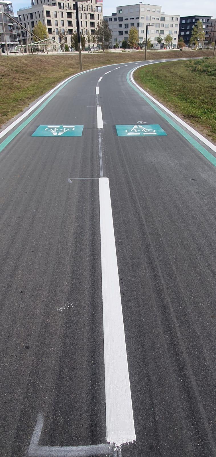 Radweg mit grünen Randstreifen und Fahrrad-Piktogrammen – innerstädtische Markierung